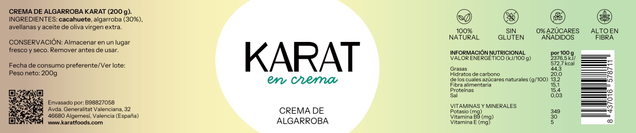 Etiquetado - Karat en crema - Valores nutricionales